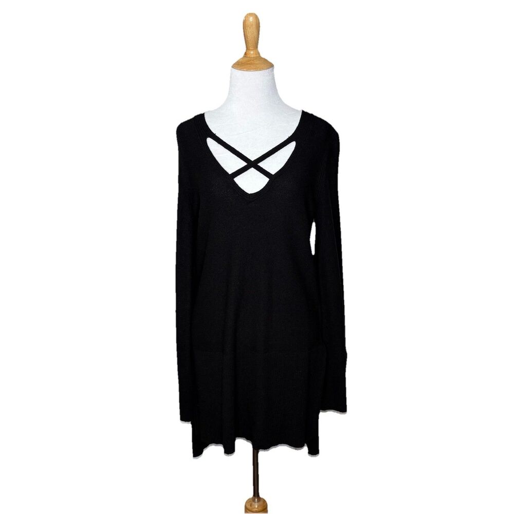 Free People Criss Cross Front Sweater Hi Lo Hem Slit Sleeve Cuffs Black Sz Large